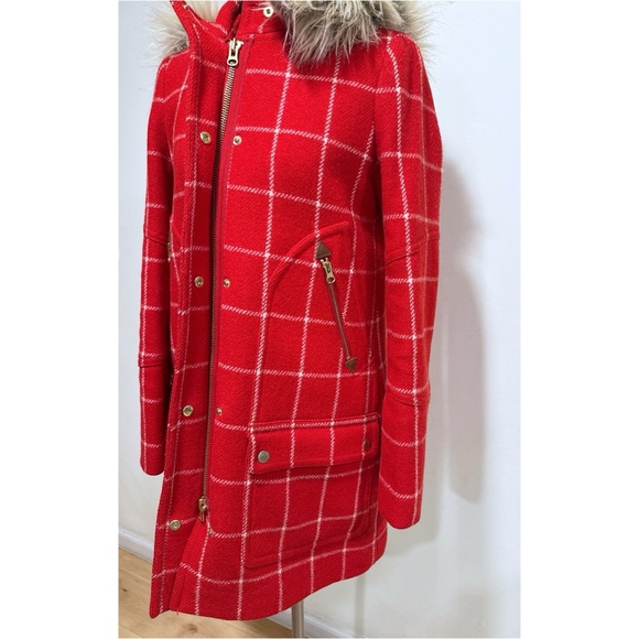 J. Crew Chateau Parka Red White Windowpane Plaid Removable Faux Fur Collar Coat - Picture 10 of 16